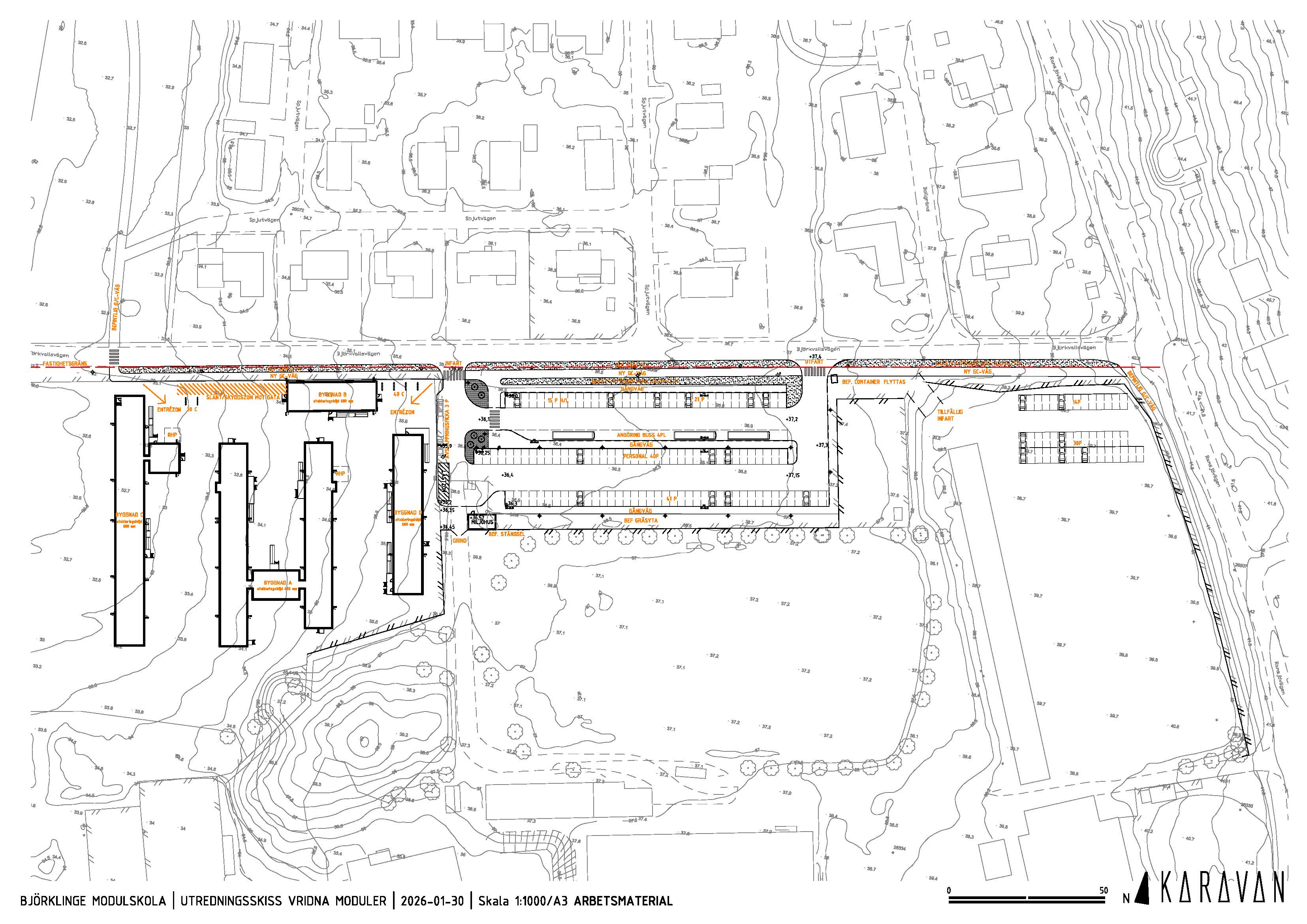 Utredningsskiss över markyta där en ny modulskola ska byggas. 
