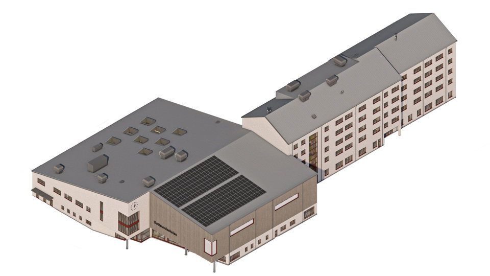 Arkitektillustration som visar ett flygperspektiv av hela nya Gottsundaskolan