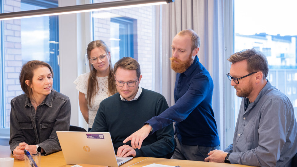 Grupp kollegor som arbetar vid dator