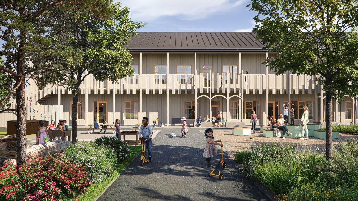 Illustration av ny förskola i trä med lekande barn, träd och blommor i förgrunden.
